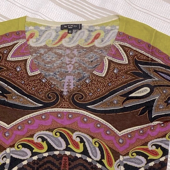 ETRO Women’s Mixed Print Silk Cashmere Knit V-Neck Lightweight Sweater Italy 46 - Picture 3 of 5